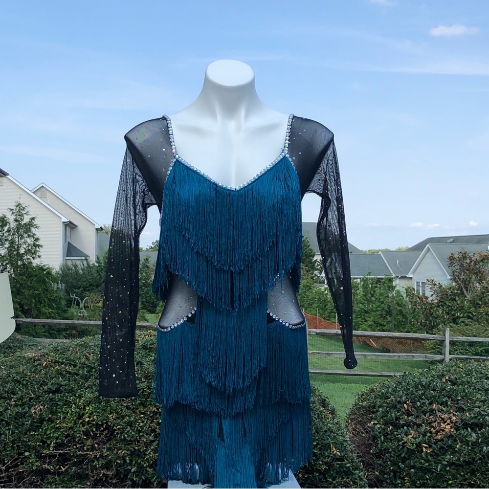 Fringed Long Sleeved Teal & Black Jazz Costume with Rhinestones Large Child